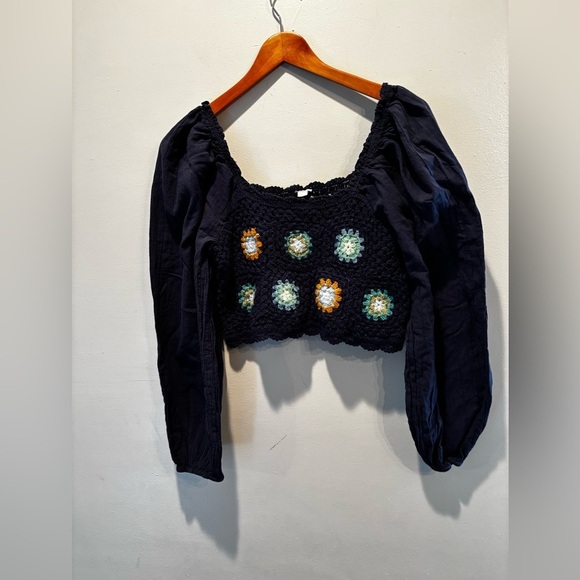 Aerie Navy Crochet Floral Women's Top large cottage core boho euro summer - Picture 9 of 10